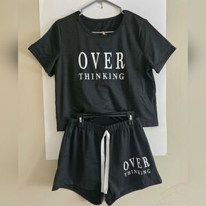 Black 'Over Thinking' T-Shirt and Shorts Women's Pajama Set